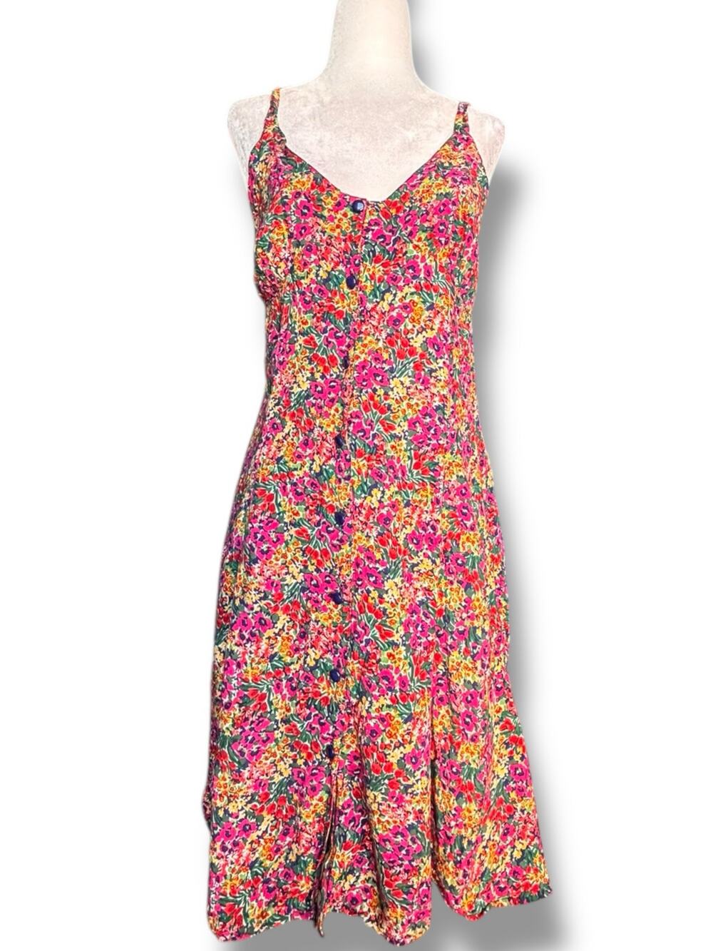 Vintage Express 90s Floral Rayon Midi Dress Button Front Slip Sundress Garden